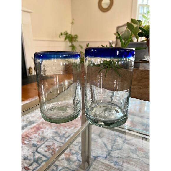 Vintage Mexican Hand Blown Cobalt Blue-Rimmed Glasses / Juice Water Glass - Picture 6 of 10